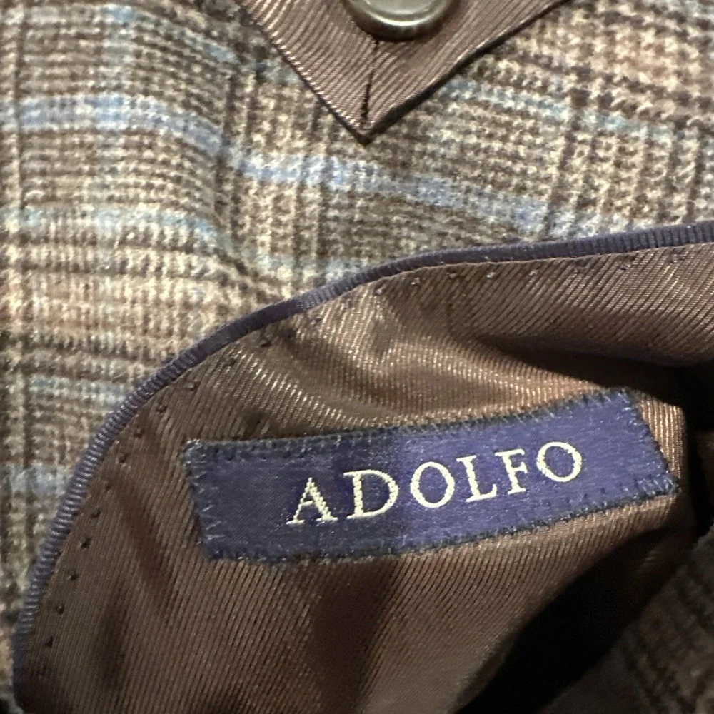 ADOLFO Mens Blazer Sport Coat Casual Two Button Jacket‎ Size 46L Wool Suit Plaid